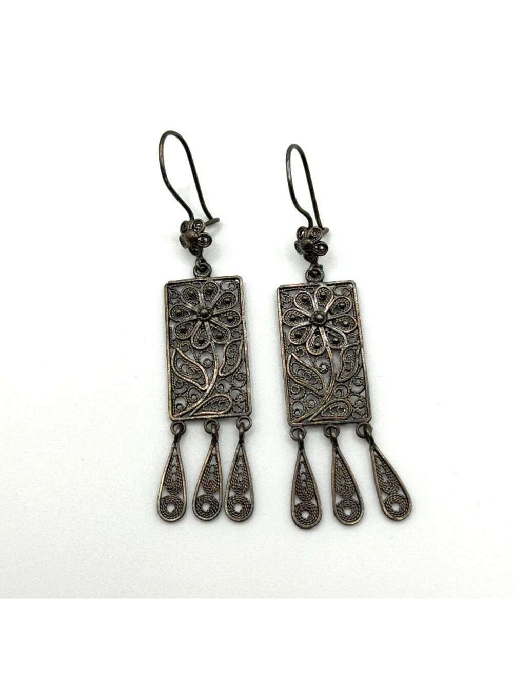 Turkish 925 Sterling Silver Rectangular Filigree Dangle Earrings Floral Design &